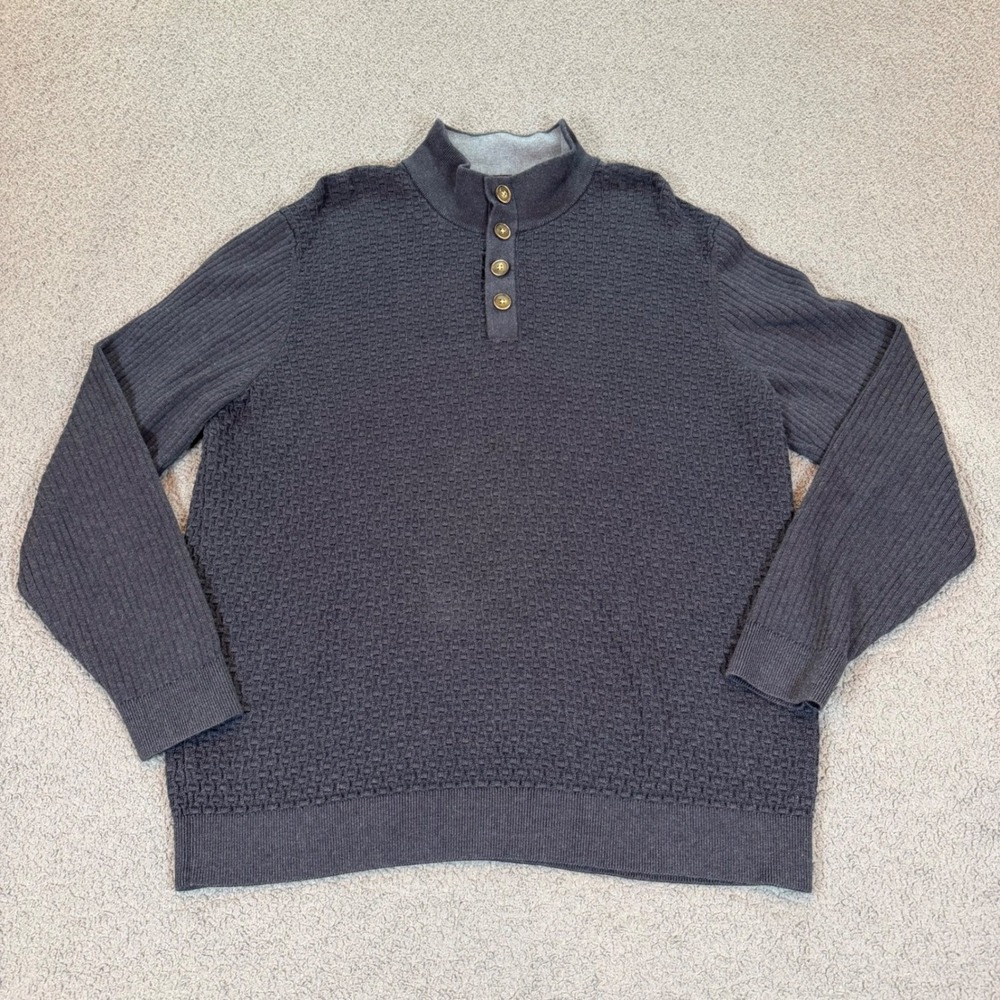 Tommy Bahama Mens XL Blue Waffle Knit Mock Neck Button Pullover Sweater Cotton